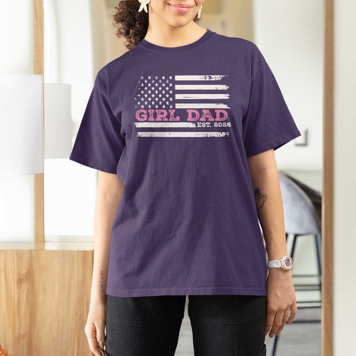 Personalised Dad Of Girl T Shirt For Women Custom Year Daddy Fathers Day USA Flag - Wonder Print Shop