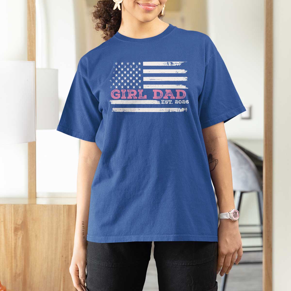 Personalised Dad Of Girl T Shirt For Women Custom Year Daddy Fathers Day USA Flag - Wonder Print Shop