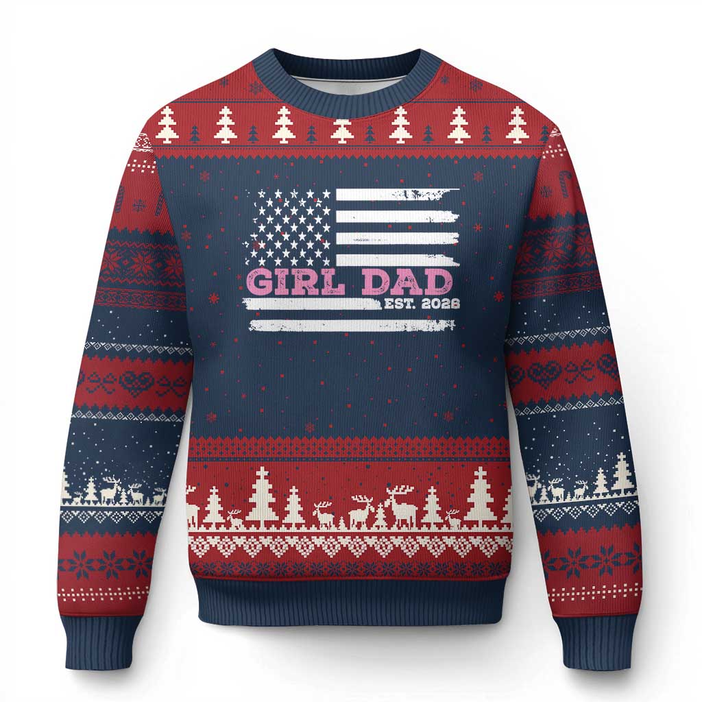Dad Of Girl Est. 2026 Ugly Christmas Sweater Daddy Fathers Day USA Flag - Wonder Print Shop