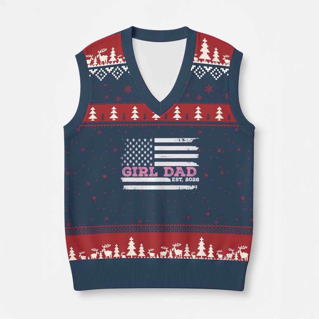 Dad Of Girl Est. 2026 V-Neck Knit Sweater Vest Daddy Fathers Day USA Flag - Wonder Print Shop