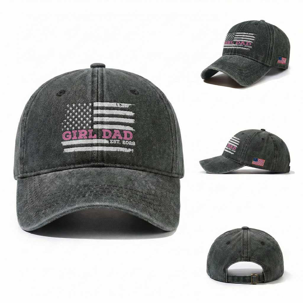 Dad Of Girl Est. 2026 Washed Cotton Baseball Cap Daddy Fathers Day USA Flag