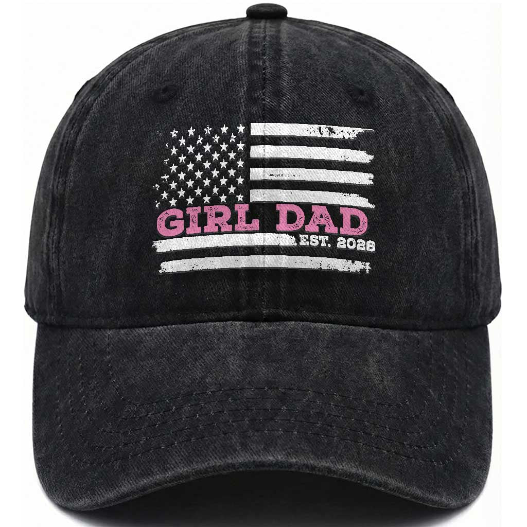 Dad Of Girl Est. 2026 Washed Cotton Baseball Cap Daddy Fathers Day USA Flag