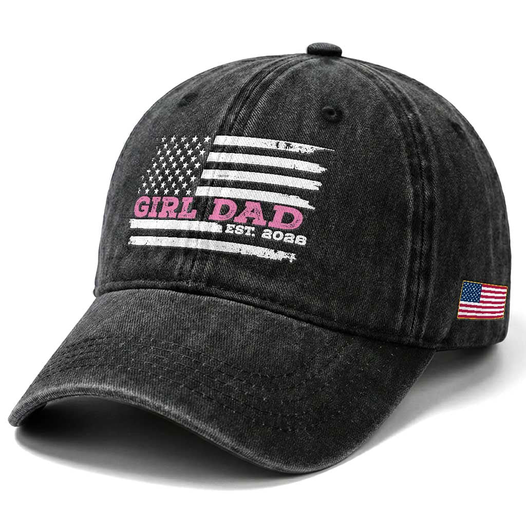 Dad Of Girl Est. 2026 Washed Cotton Baseball Cap Daddy Fathers Day USA Flag