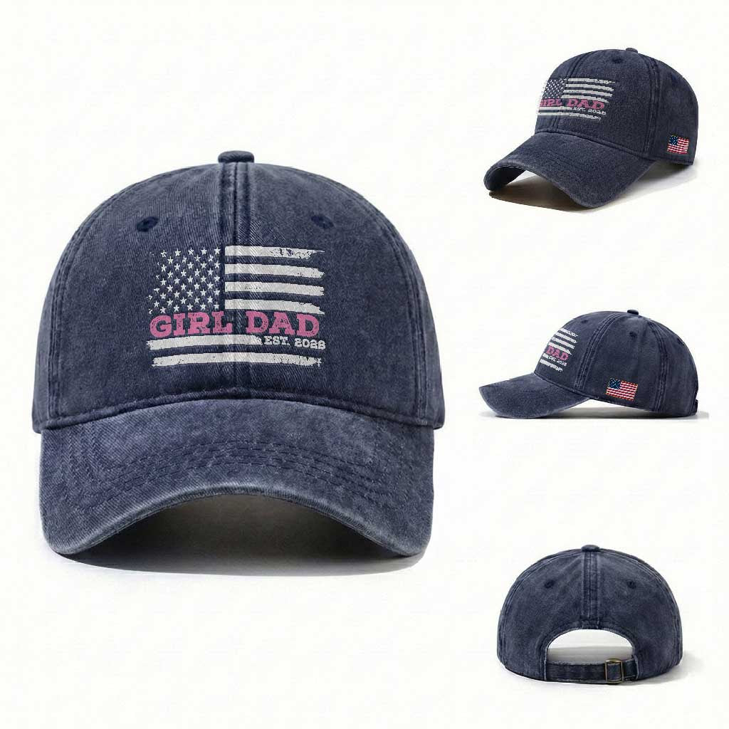 Dad Of Girl Est. 2026 Washed Cotton Baseball Cap Daddy Fathers Day USA Flag