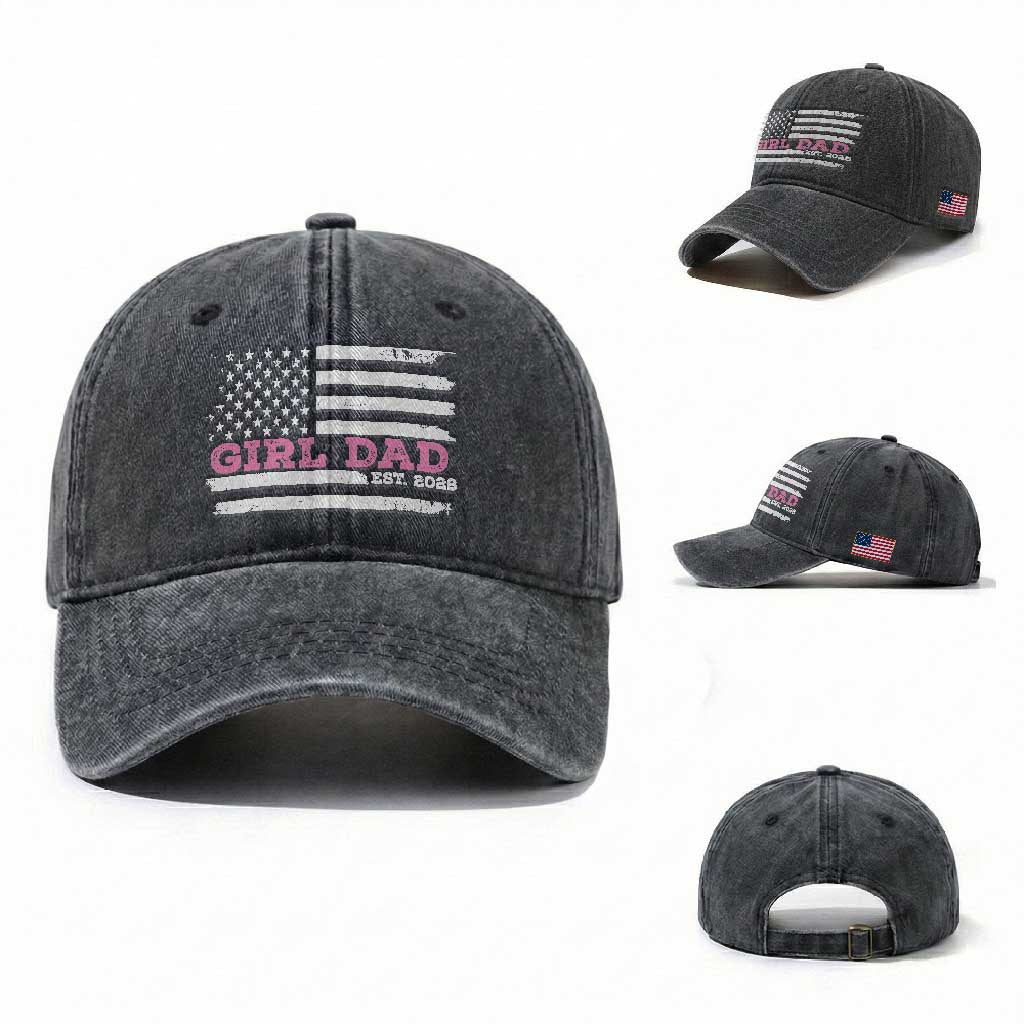 Dad Of Girl Est. 2026 Washed Cotton Baseball Cap Daddy Fathers Day USA Flag