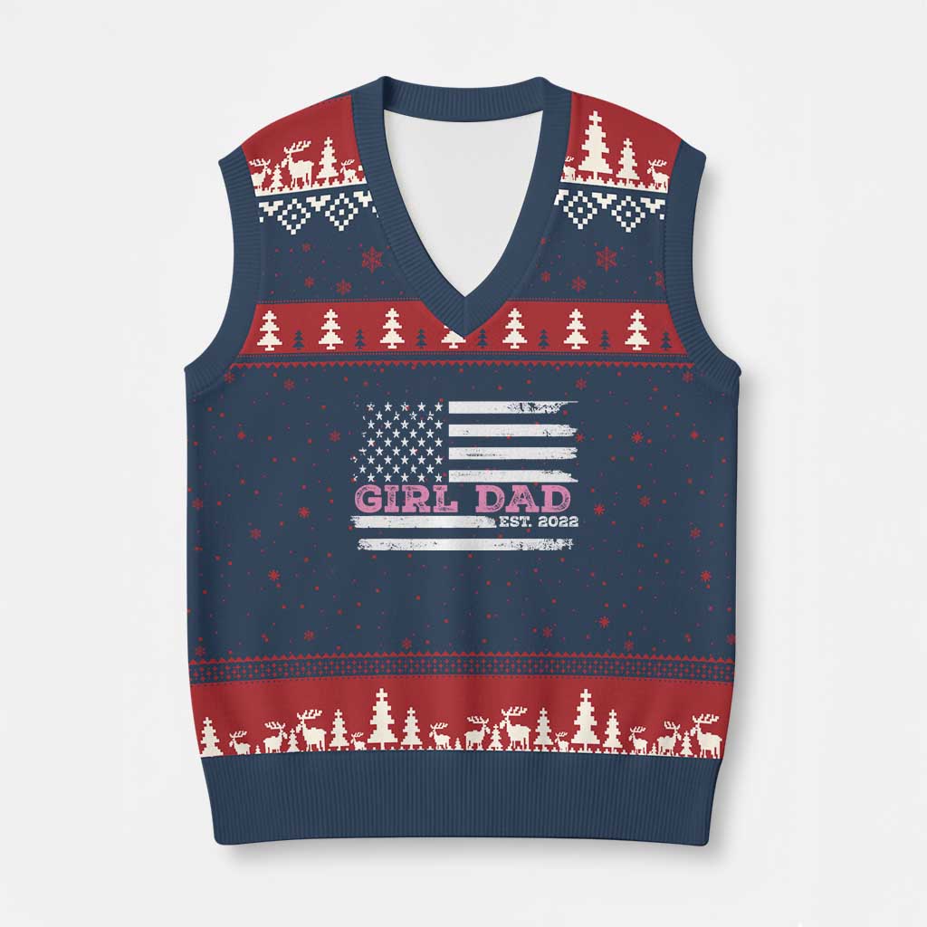 Dad Of Girl Est. 2022 V-Neck Knit Sweater Vest Father Girl To Be 2022 Daddy Fathers Day USA Flag - Wonder Print Shop