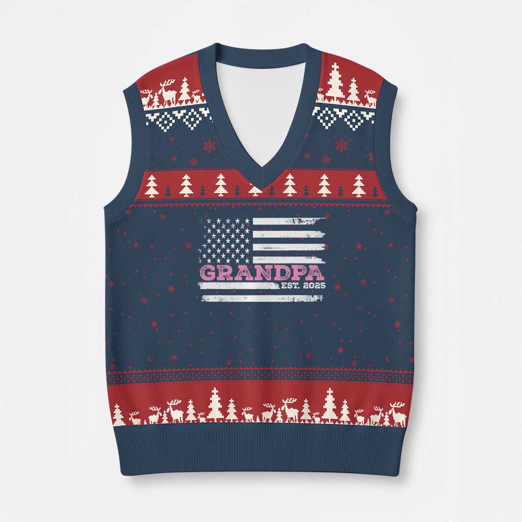 Grandpa Of Girl Est. 2025 V-Neck Knit Sweater Vest Fathers Day USA Flag - Wonder Print Shop