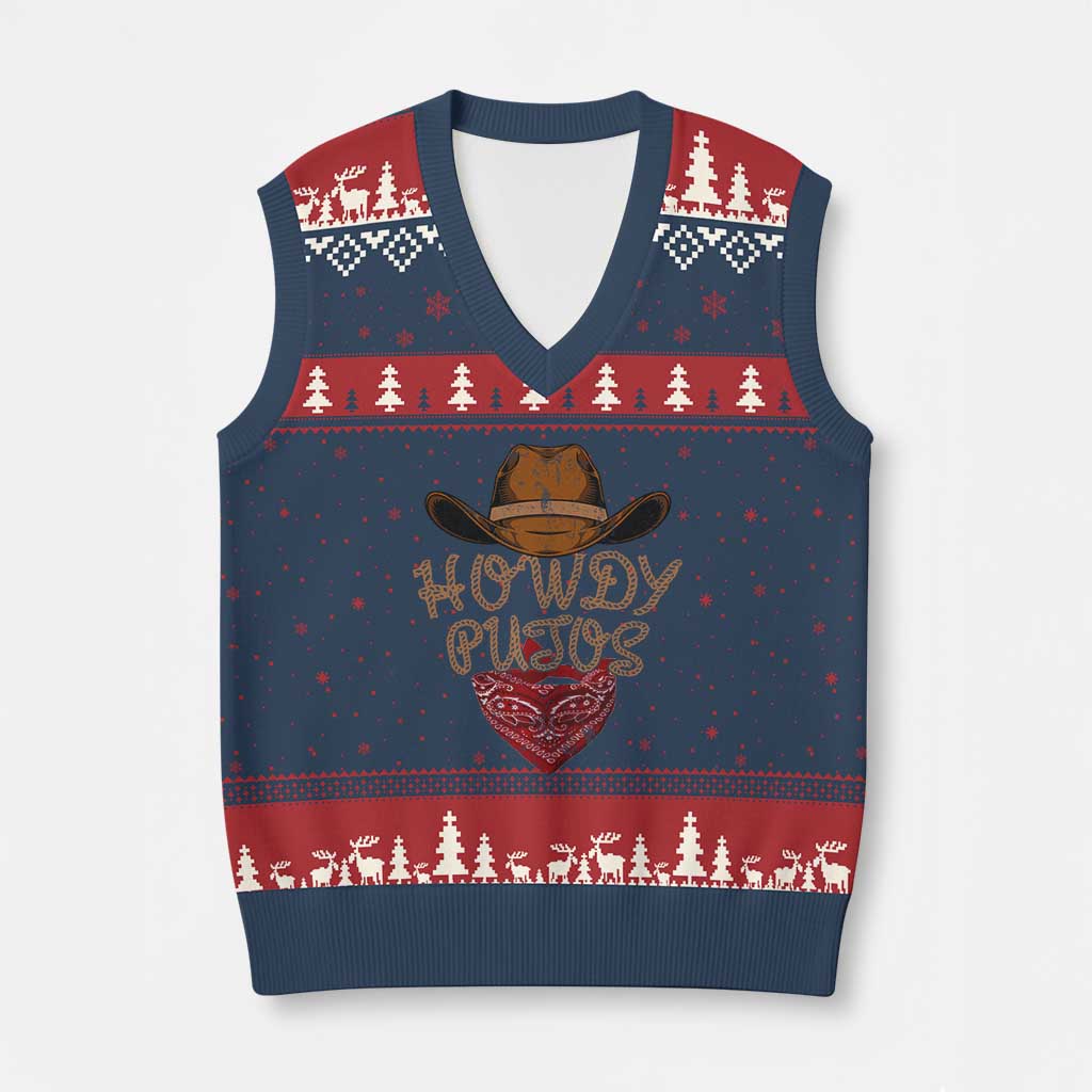 Howdy Putos V-Neck Knit Sweater Vest Funny Western Country Rodeo Southern Retro Cowboy - Wonder Print Shop