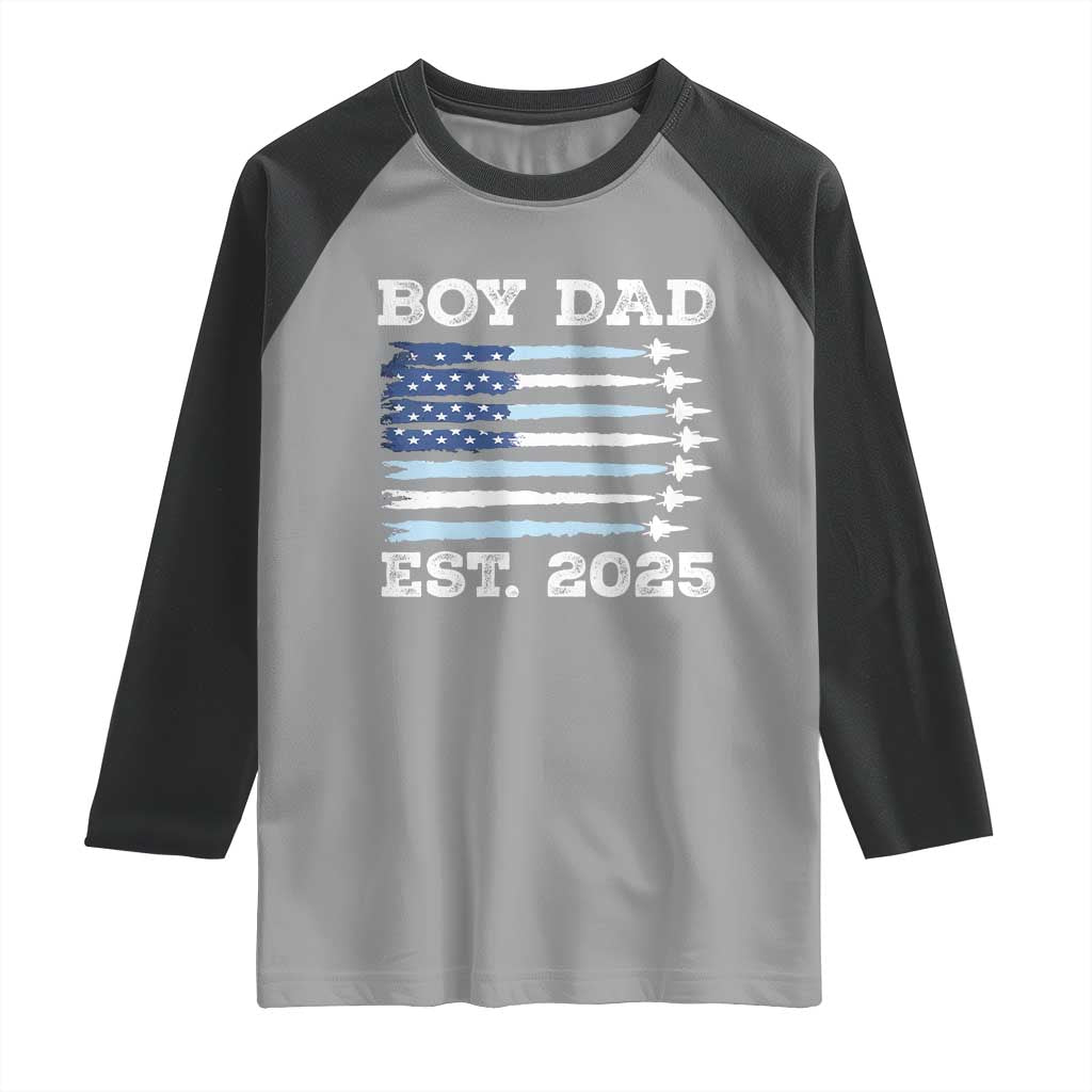 Boy Dad Est 2025 Raglan Shirt Daddy Of Newborn Baby Boy First Fathers Day USA Flag Fighter Jets