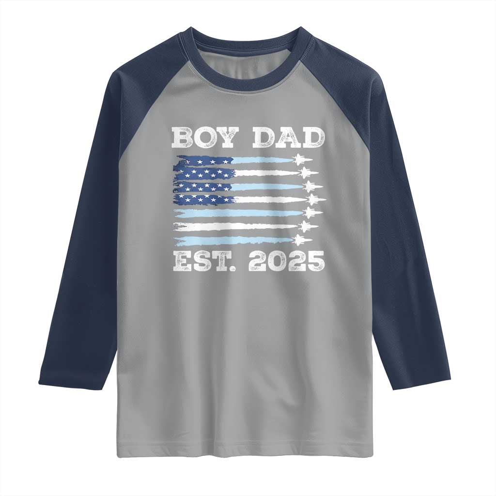 Boy Dad Est 2025 Raglan Shirt Daddy Of Newborn Baby Boy First Fathers Day USA Flag Fighter Jets