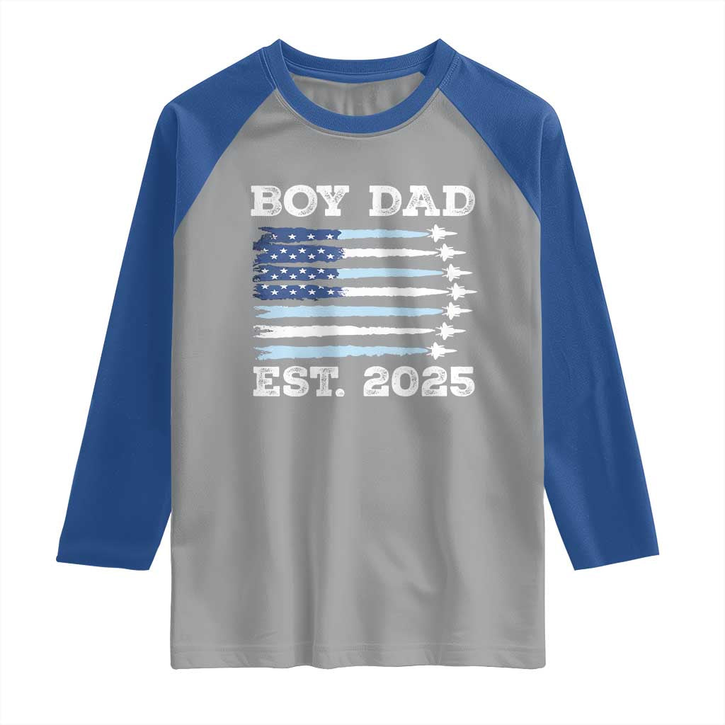 Boy Dad Est 2025 Raglan Shirt Daddy Of Newborn Baby Boy First Fathers Day USA Flag Fighter Jets