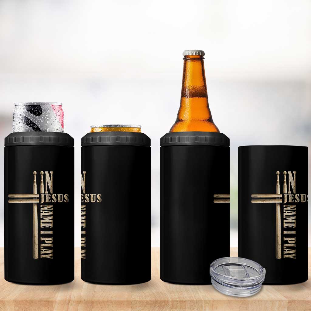 Christian Drummer 4 in 1 Can Cooler Tumbler In Jesus Name I Play Drumstick Cross Drums Percussionist