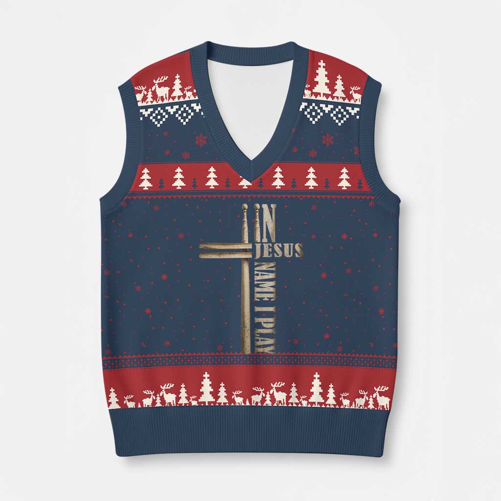 Christian Drummer V-Neck Knit Sweater Vest In Jesus Name I Play Drumstick Cross Drums Percussionist