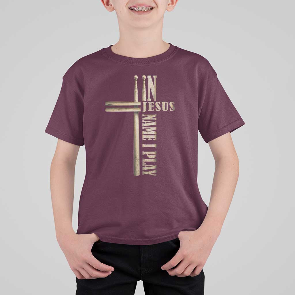 Christian Drummer T Shirt For Kid In Jesus Name I Play Drumstick Cross Drums Percussionist