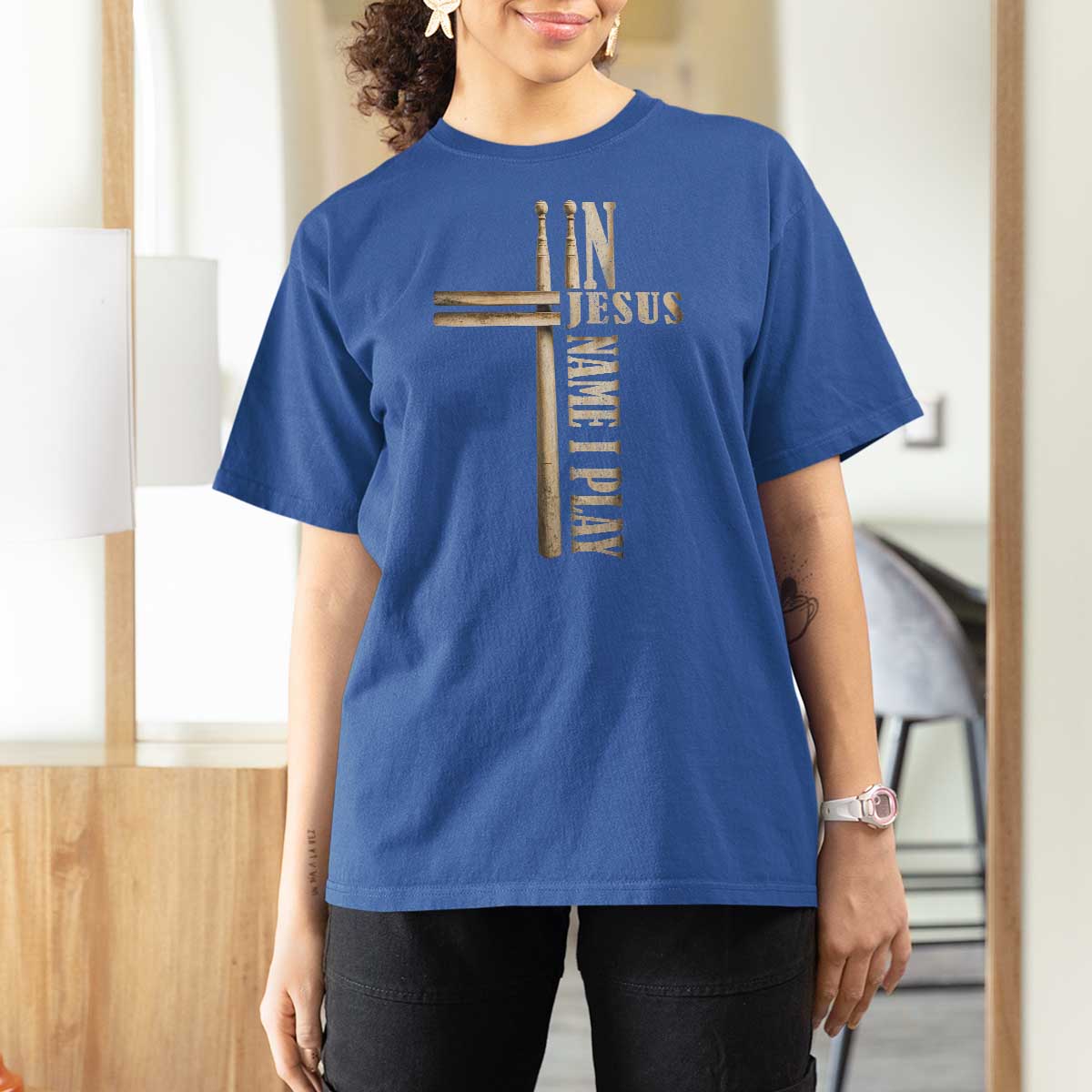 Christian Drummer T Shirt For Women In Jesus Name I Play Drumstick Cross Drums Percussionist