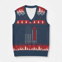 Christian Drummer V-Neck Knit Sweater Vest Drumming For Jesus Cross USA Flag Percussionist