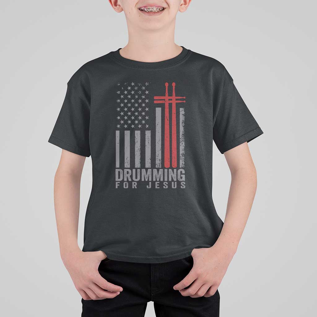 Christian Drummer T Shirt For Kid Drumming For Jesus Cross USA Flag Percussionist