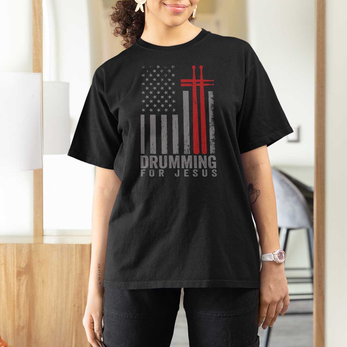 Christian Drummer T Shirt For Women Drumming For Jesus Cross USA Flag Percussionist