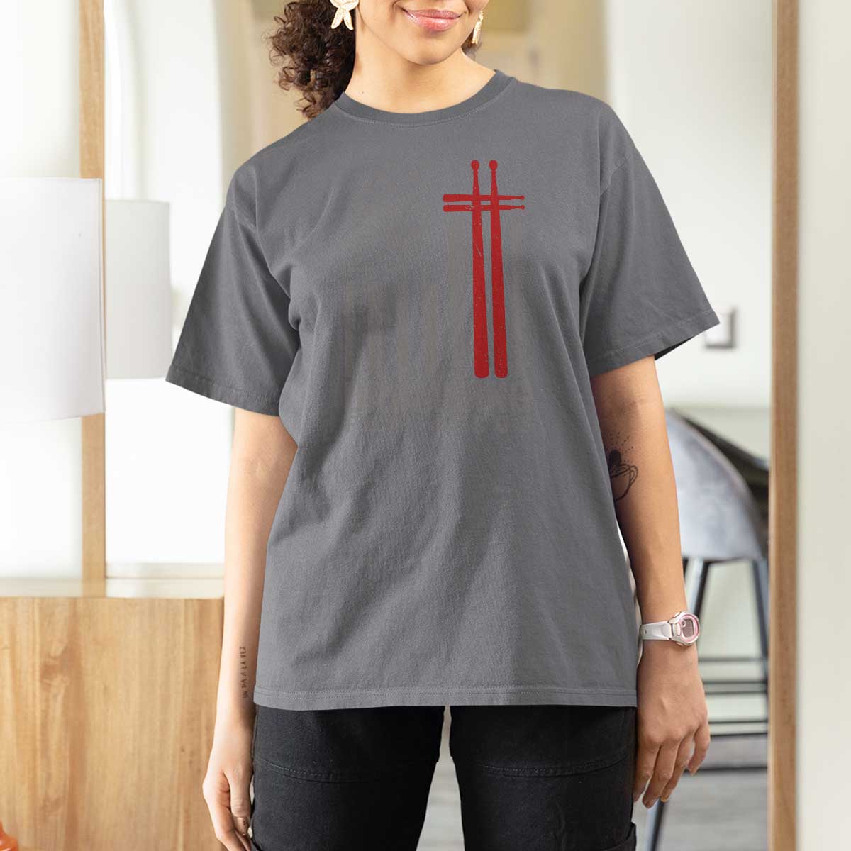 Christian Drummer T Shirt For Women Drumming For Jesus Cross USA Flag Percussionist