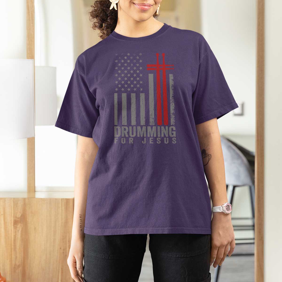 Christian Drummer T Shirt For Women Drumming For Jesus Cross USA Flag Percussionist