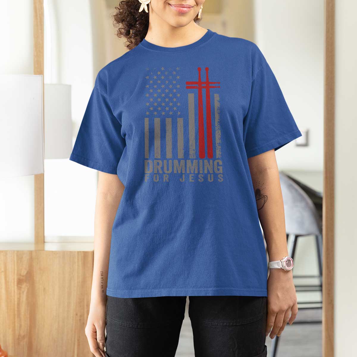 Christian Drummer T Shirt For Women Drumming For Jesus Cross USA Flag Percussionist