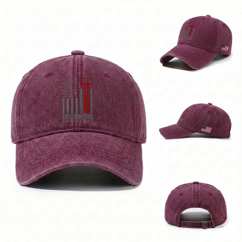 Christian Drummer Washed Cotton Baseball Cap Drumming For Jesus Cross USA Flag Percussionist