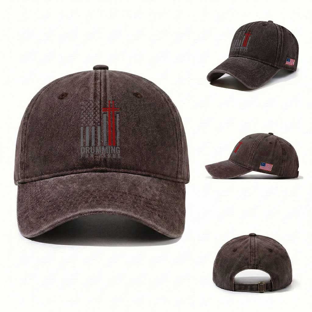 Christian Drummer Washed Cotton Baseball Cap Drumming For Jesus Cross USA Flag Percussionist