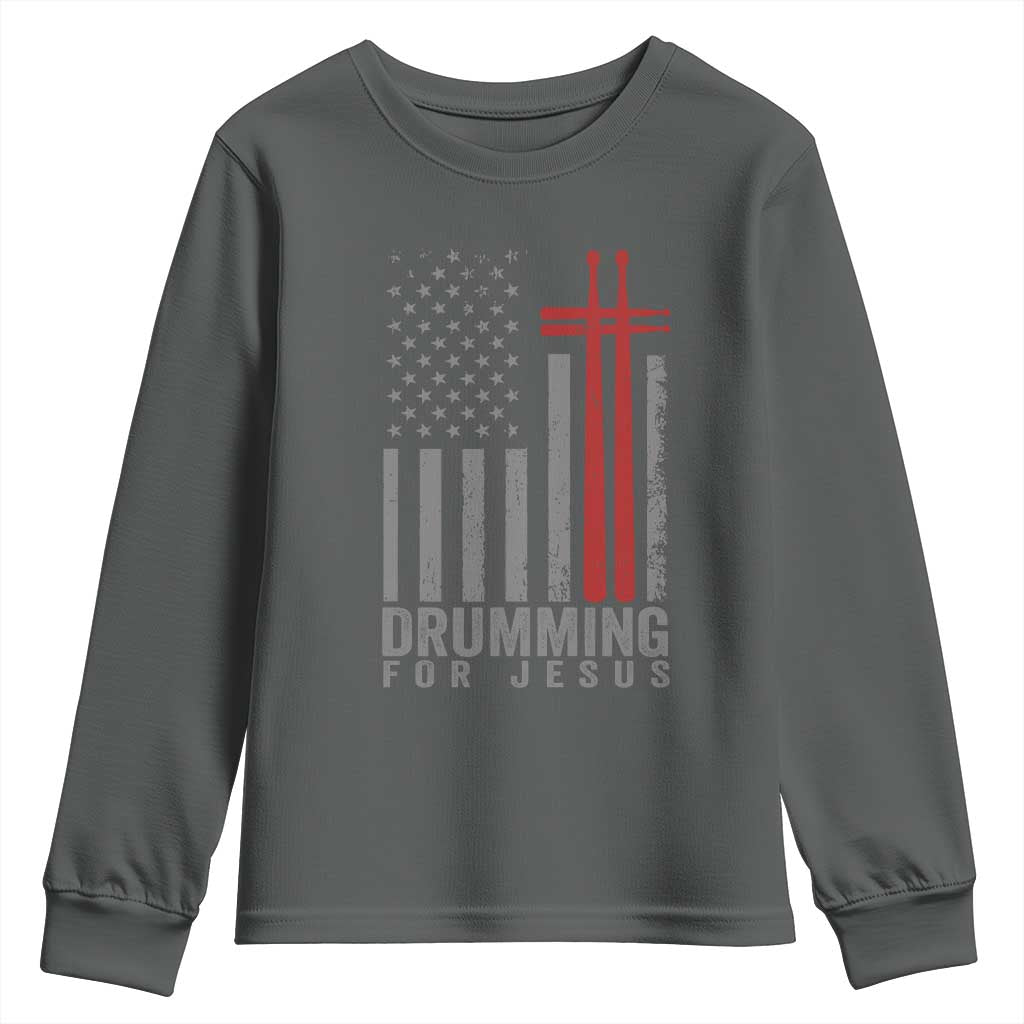 Christian Drummer Youth Sweatshirt Drumming For Jesus Cross USA Flag Percussionist