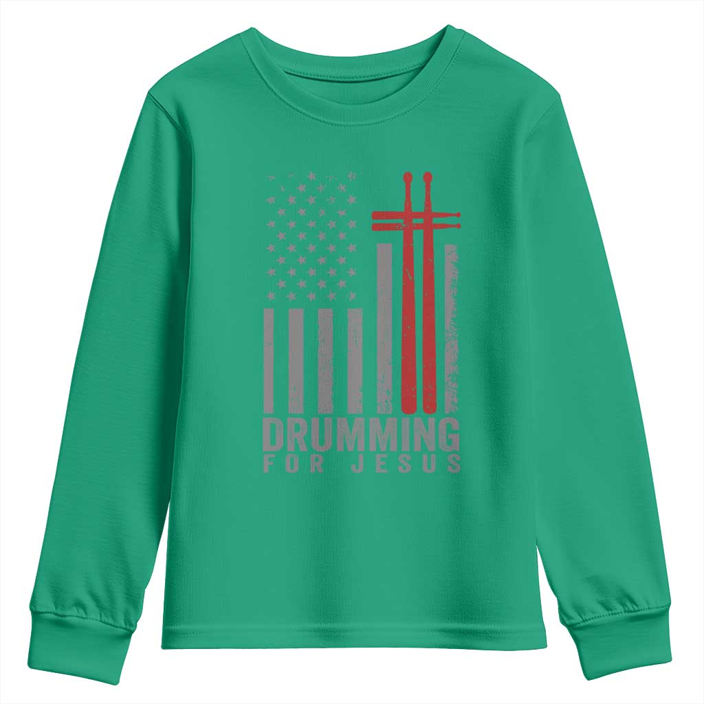 Christian Drummer Youth Sweatshirt Drumming For Jesus Cross USA Flag Percussionist