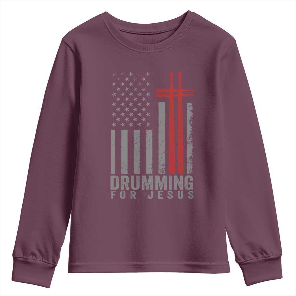 Christian Drummer Youth Sweatshirt Drumming For Jesus Cross USA Flag Percussionist
