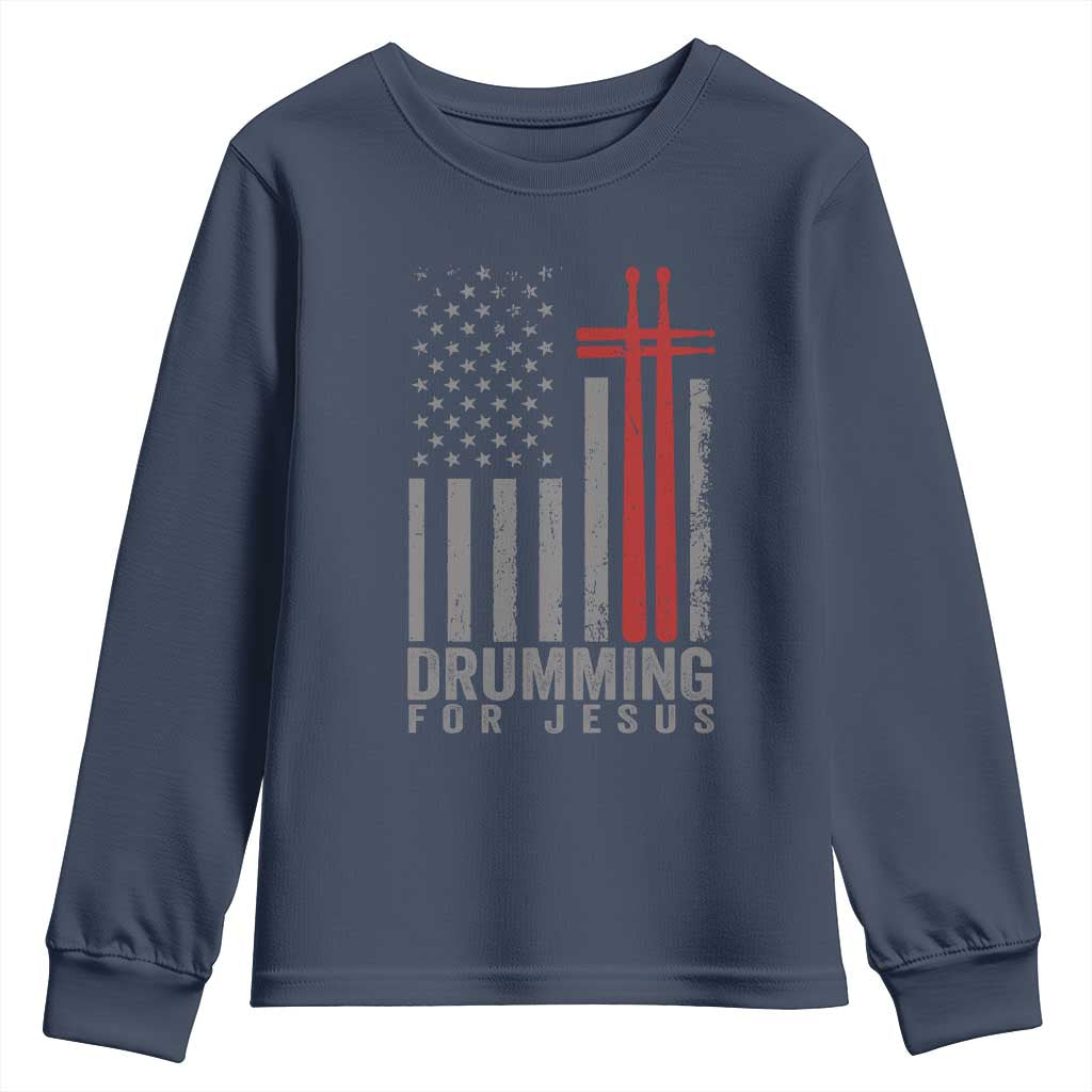Christian Drummer Youth Sweatshirt Drumming For Jesus Cross USA Flag Percussionist