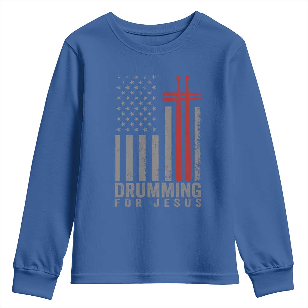 Christian Drummer Youth Sweatshirt Drumming For Jesus Cross USA Flag Percussionist