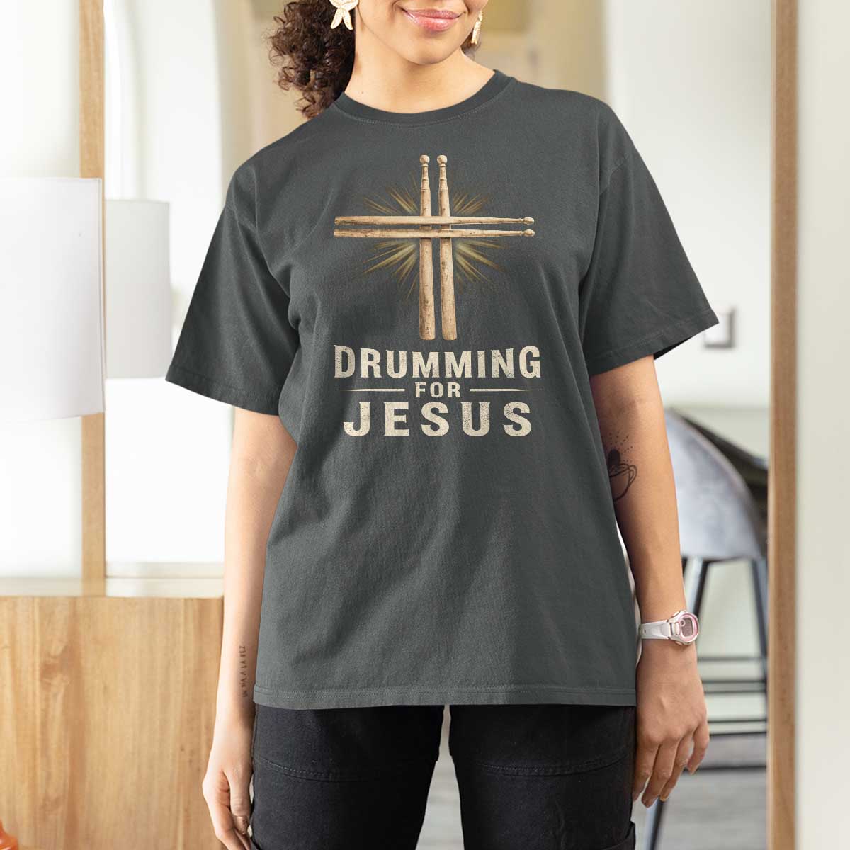 Christian Drummer T Shirt For Women Drumming For Jesus Drumstick Cross Percussionist
