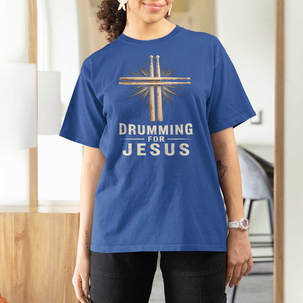 Christian Drummer T Shirt For Women Drumming For Jesus Drumstick Cross Percussionist