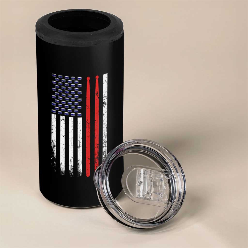 Patriotic Drummer 4 in 1 Can Cooler Tumbler Percussionist Gift Drumming Drumsticks American Flag