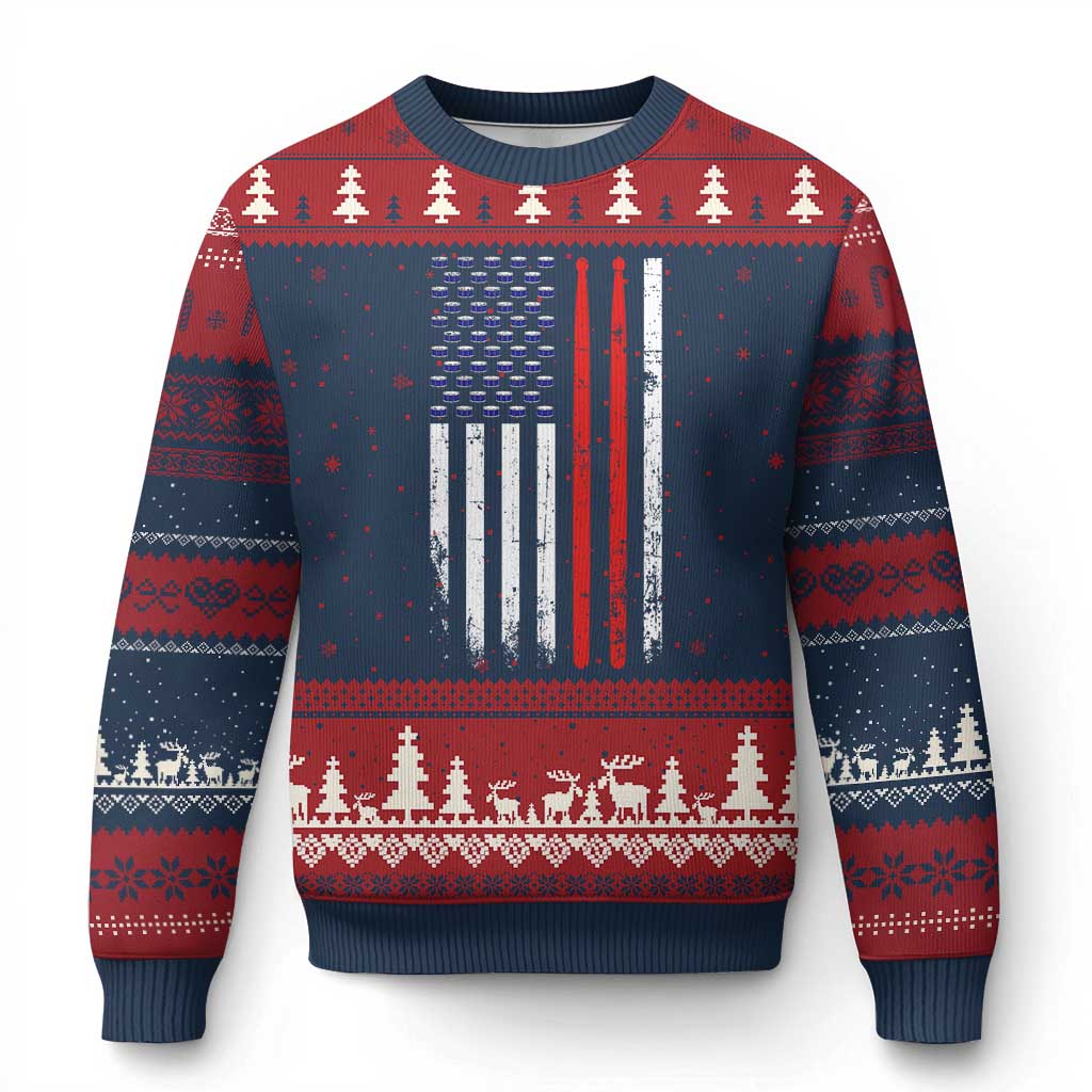 Patriotic Drummer Ugly Christmas Sweater Percussionist Gift Drumming Drumsticks American Flag