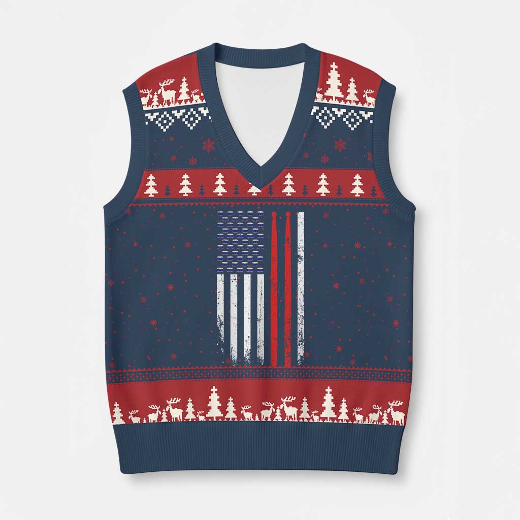 Patriotic Drummer V-Neck Knit Sweater Vest Percussionist Gift Drumming Drumsticks American Flag