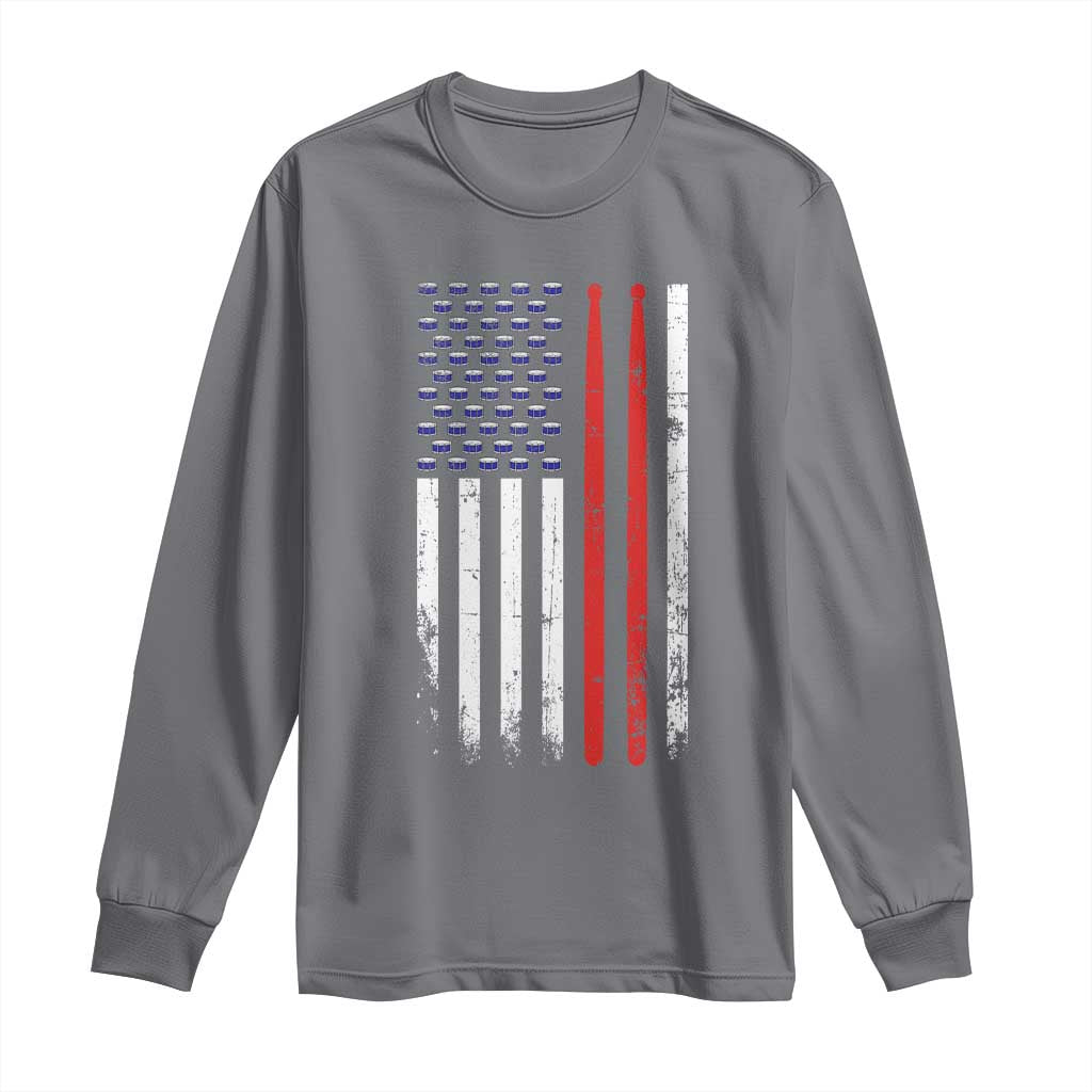 Patriotic Drummer Long Sleeve Shirt Percussionist Gift Drumming Drumsticks American Flag