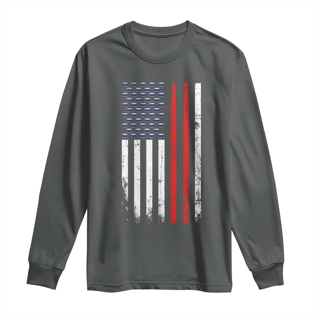 Patriotic Drummer Long Sleeve Shirt Percussionist Gift Drumming Drumsticks American Flag