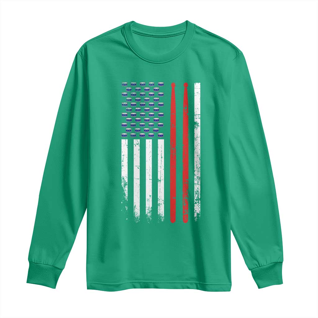 Patriotic Drummer Long Sleeve Shirt Percussionist Gift Drumming Drumsticks American Flag