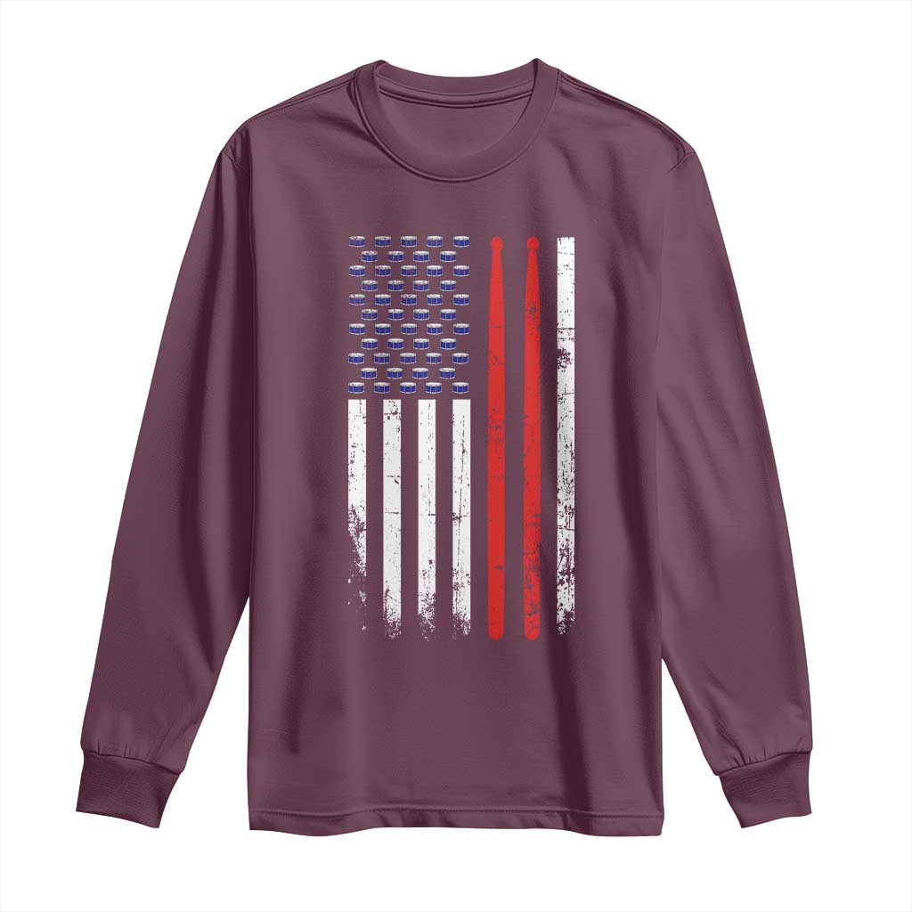 Patriotic Drummer Long Sleeve Shirt Percussionist Gift Drumming Drumsticks American Flag