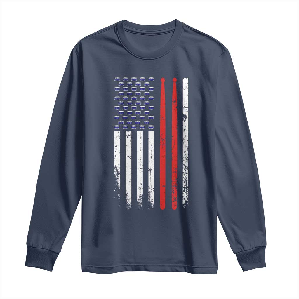 Patriotic Drummer Long Sleeve Shirt Percussionist Gift Drumming Drumsticks American Flag