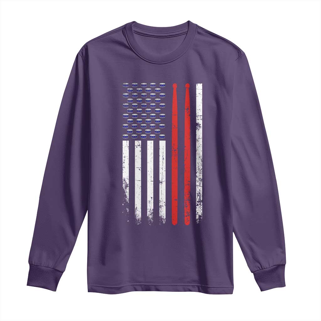 Patriotic Drummer Long Sleeve Shirt Percussionist Gift Drumming Drumsticks American Flag