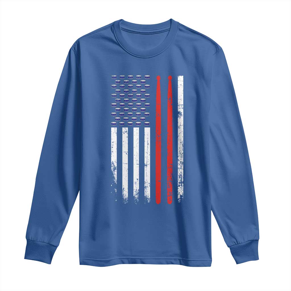 Patriotic Drummer Long Sleeve Shirt Percussionist Gift Drumming Drumsticks American Flag