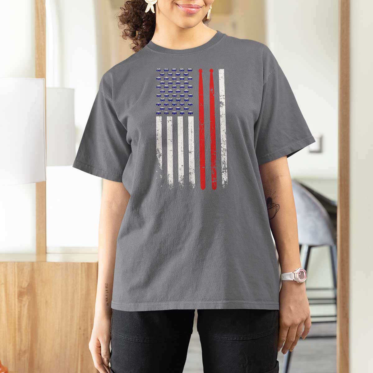 Patriotic Drummer T Shirt For Women Percussionist Gift Drumming Drumsticks American Flag