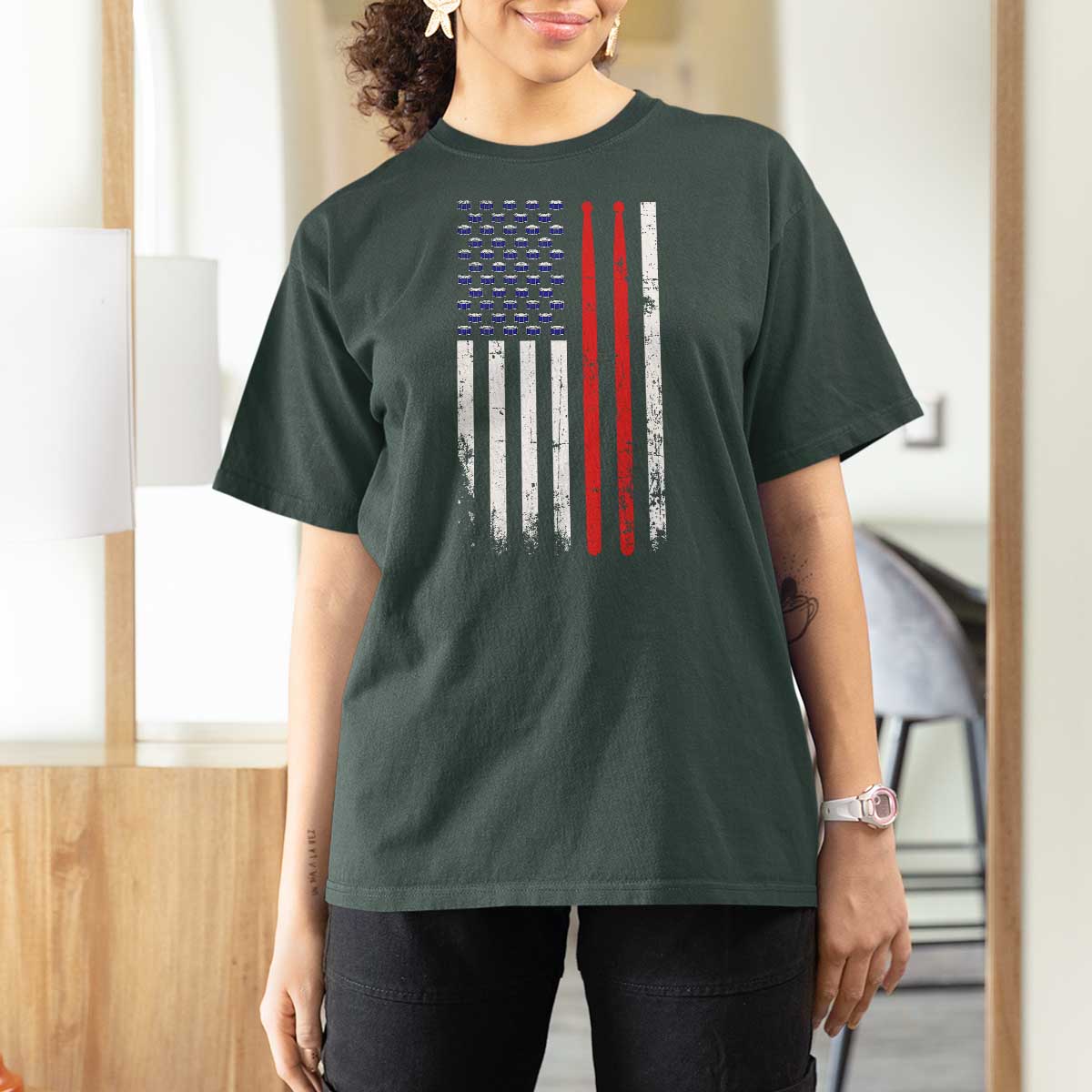 Patriotic Drummer T Shirt For Women Percussionist Gift Drumming Drumsticks American Flag