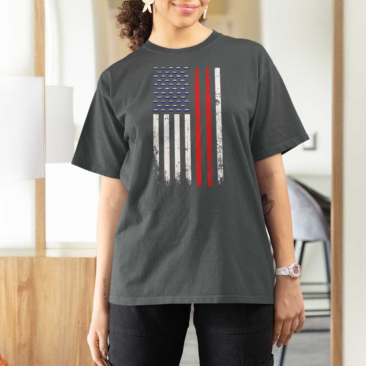 Patriotic Drummer T Shirt For Women Percussionist Gift Drumming Drumsticks American Flag