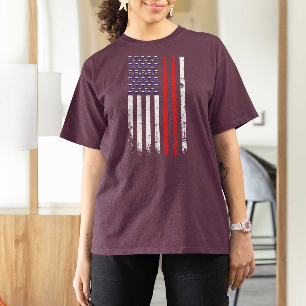 Patriotic Drummer T Shirt For Women Percussionist Gift Drumming Drumsticks American Flag