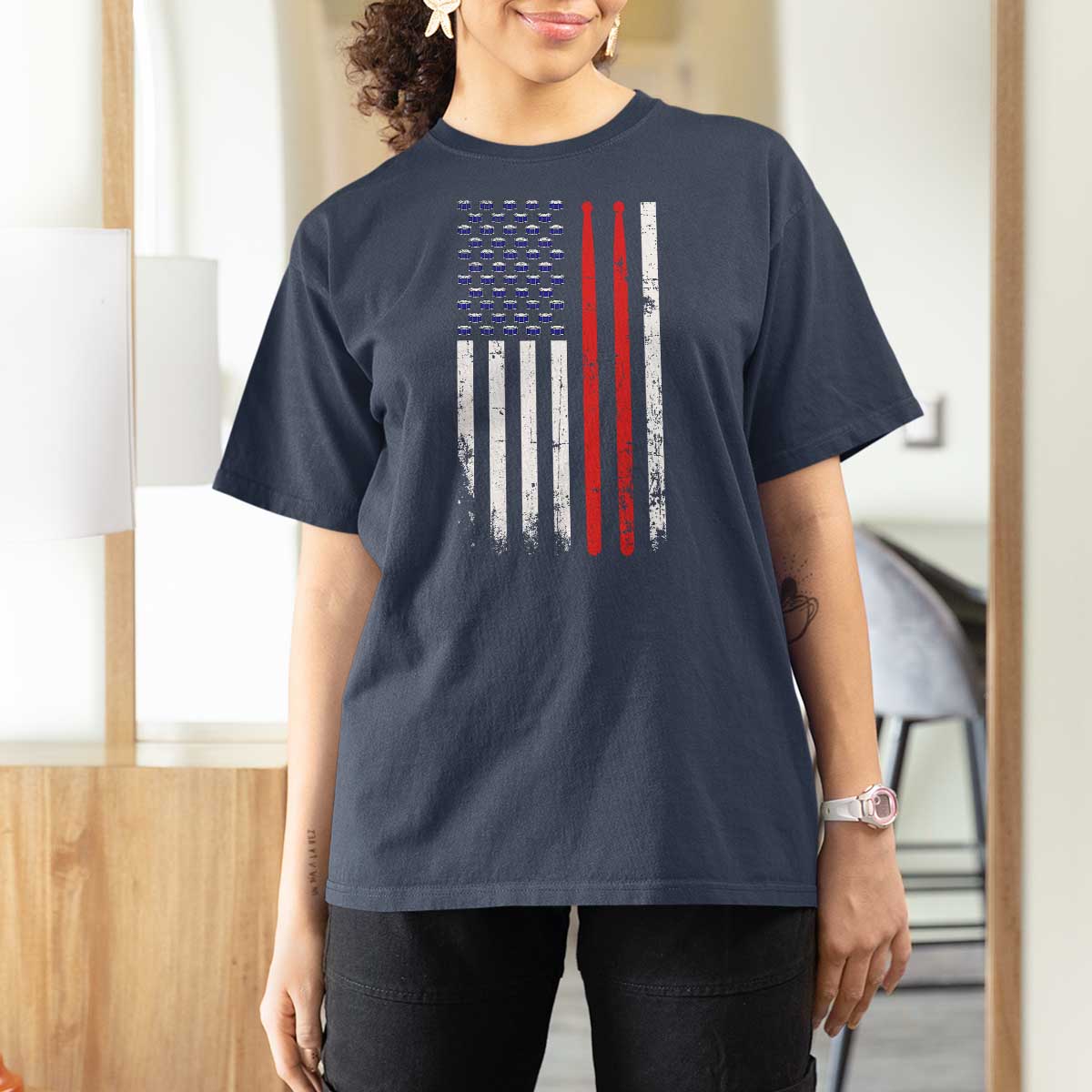 Patriotic Drummer T Shirt For Women Percussionist Gift Drumming Drumsticks American Flag