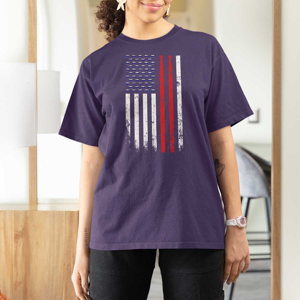 Patriotic Drummer T Shirt For Women Percussionist Gift Drumming Drumsticks American Flag